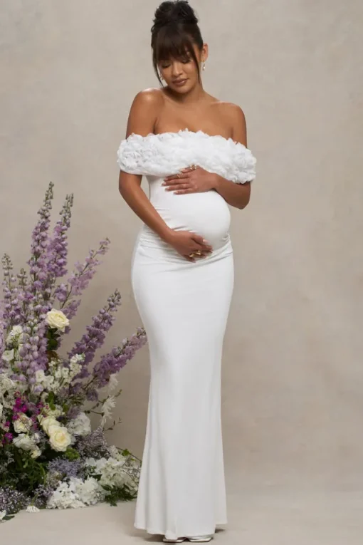 Inflorescence | White Mesh Floral Bardot Maternity Maxi Dress