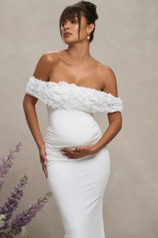 Inflorescence | White Mesh Floral Bardot Maternity Maxi Dress