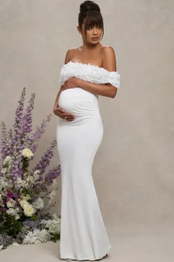 Inflorescence | White Mesh Floral Bardot Maternity Maxi Dress