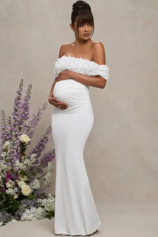 Inflorescence | White Mesh Floral Bardot Maternity Maxi Dress