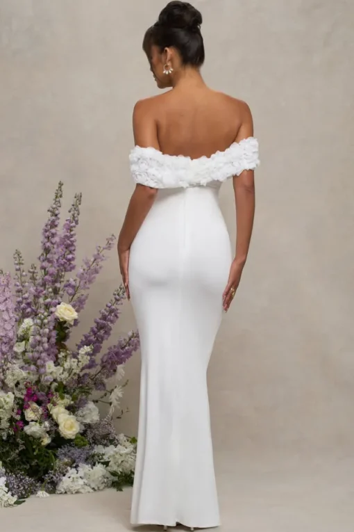 Inflorescence | White Mesh Floral Bardot Maternity Maxi Dress