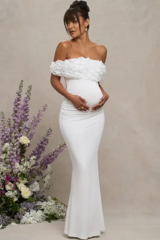 Inflorescence | White Mesh Floral Bardot Maternity Maxi Dress