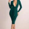 Inspirational | Bottle Green Plunge Neck Long Sleeves Ruched Midi Dress With Drape Detail