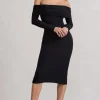 Intercept | Black Bodycon Bardot Tie-Back Midi Dress