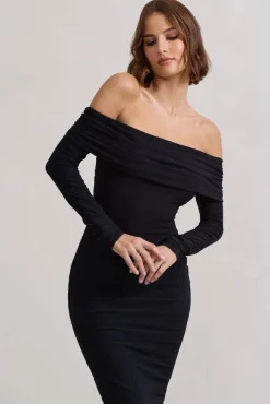 Intercept | Black Bodycon Bardot Tie-Back Midi Dress