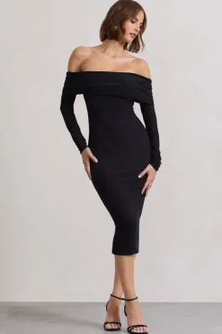 Intercept | Black Bodycon Bardot Tie-Back Midi Dress