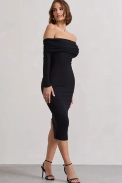Intercept | Black Bodycon Bardot Tie-Back Midi Dress