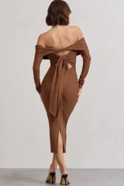 Intercept | Brown Bodycon Bardot Tie-Back Midi Dress