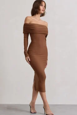Intercept | Brown Bodycon Bardot Tie-Back Midi Dress