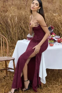 Intimacy | Plum Lace Corset Split Maxi Dress