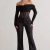 Into The Night | Black Sheer Bardot Long-Sleeved Corset Jumpsuit
