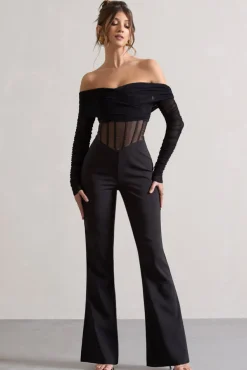Into The Night | Black Sheer Bardot Long-Sleeved Corset Jumpsuit