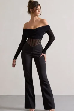 Into The Night | Black Sheer Bardot Long-Sleeved Corset Jumpsuit