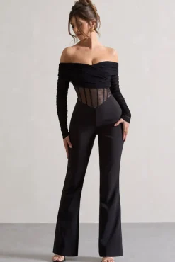 Into The Night | Black Sheer Bardot Long-Sleeved Corset Jumpsuit