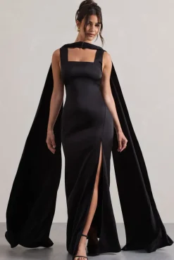 Intuition | Black Satin Square-Neck Split Maxi Dress With Scarf