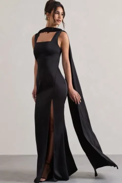 Intuition | Black Satin Square-Neck Split Maxi Dress With Scarf