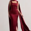 Intuition | Burgundy Satin Square-Neck Split Maxi Dress With Scarf