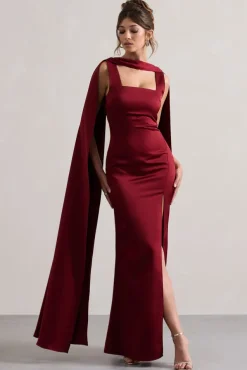 Intuition | Burgundy Satin Square-Neck Split Maxi Dress With Scarf