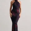 Invincible | Plum Print Cross Over Halter-Neck Open-Back Maxi Dress