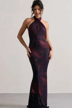 Invincible | Plum Print Cross Over Halter-Neck Open-Back Maxi Dress
