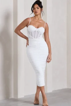 Inviting | White Ruched Corset Midi Dress