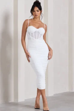 Inviting | White Ruched Corset Midi Dress