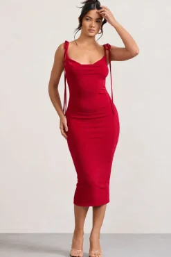 Irina | Red Cowl-Neck Bodycon Midi Dress