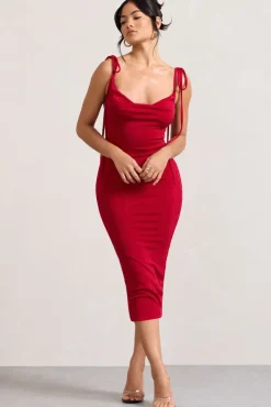 Irina | Red Cowl-Neck Bodycon Midi Dress