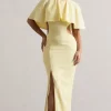 Isadora | Pastel Yellow Cut-Out Split Maxi Dress With Cape