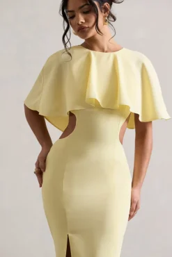 Isadora | Pastel Yellow Cut-Out Split Maxi Dress With Cape