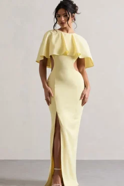 Isadora | Pastel Yellow Cut-Out Split Maxi Dress With Cape