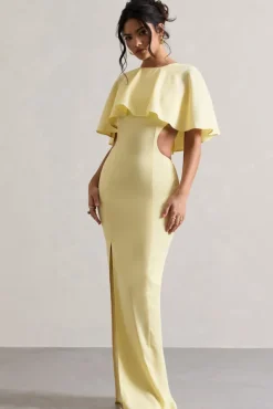 Isadora | Pastel Yellow Cut-Out Split Maxi Dress With Cape