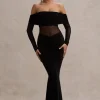 Ismeralda | Black Mesh Ruched Bardot Maxi Dress