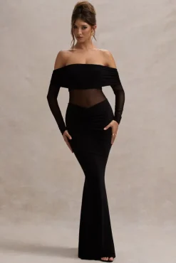 Ismeralda | Black Mesh Ruched Bardot Maxi Dress