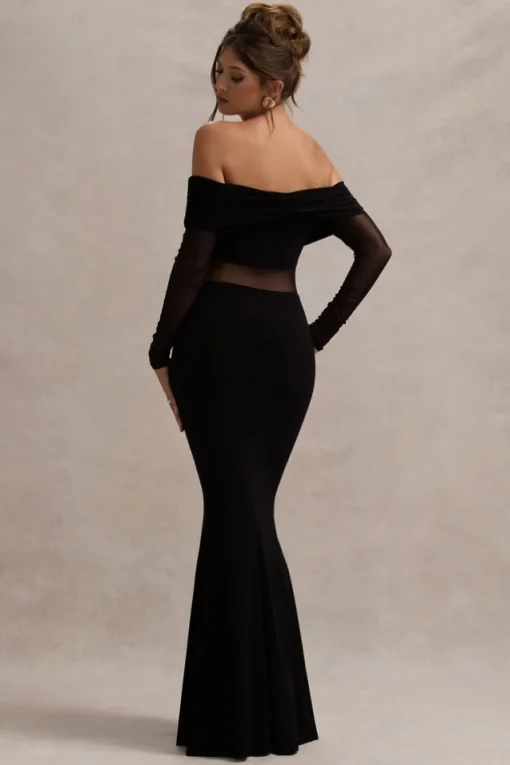 Ismeralda | Black Mesh Ruched Bardot Maxi Dress