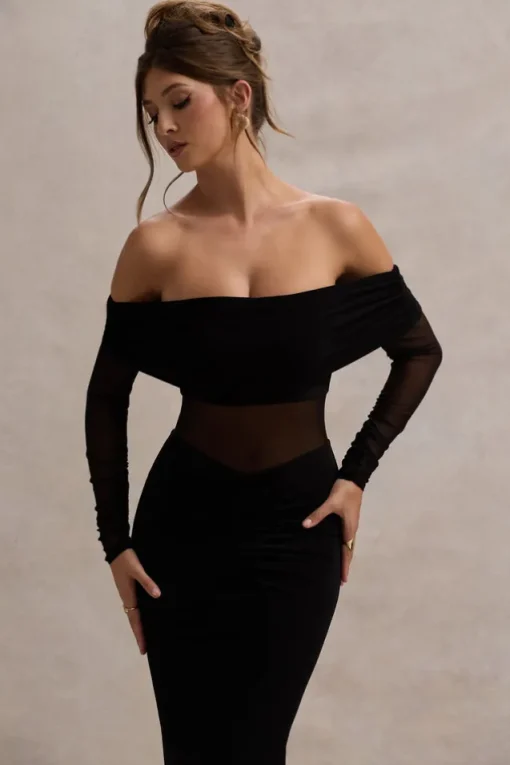 Ismeralda | Black Mesh Ruched Bardot Maxi Dress