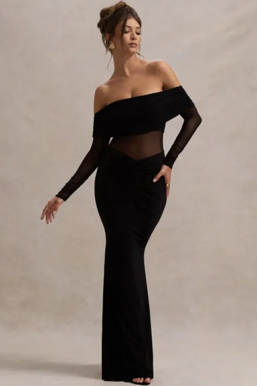 Ismeralda | Black Mesh Ruched Bardot Maxi Dress