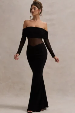 Ismeralda | Black Mesh Ruched Bardot Maxi Dress