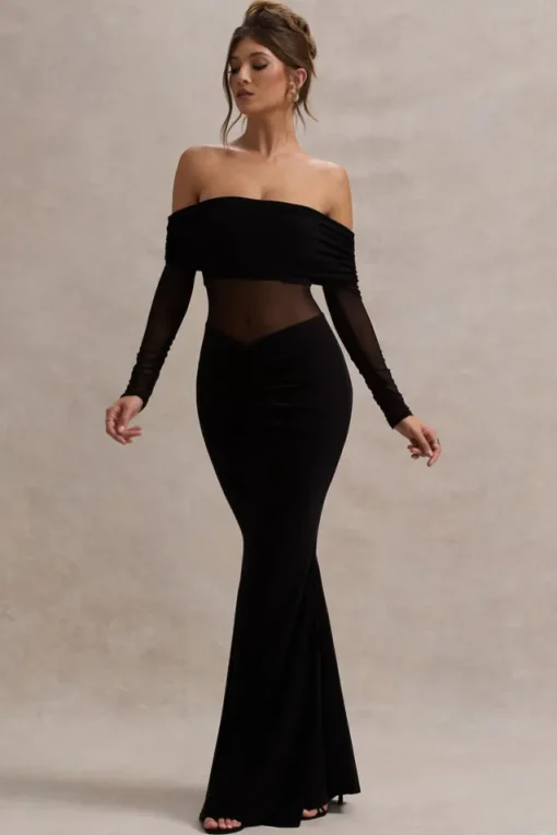 Ismeralda | Black Mesh Ruched Bardot Maxi Dress