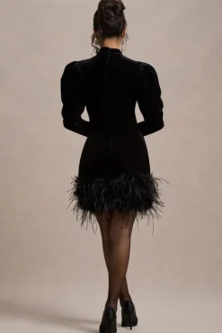 Issa | Black Velvet Long-Sleeve Mini Dress With Feather Trim