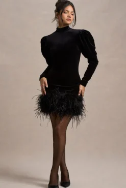 Issa | Black Velvet Long-Sleeve Mini Dress With Feather Trim