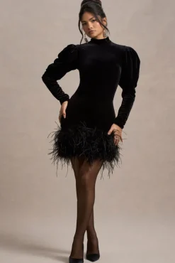 Issa | Black Velvet Long-Sleeve Mini Dress With Feather Trim
