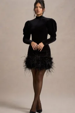 Issa | Black Velvet Long-Sleeve Mini Dress With Feather Trim