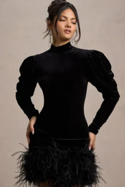 Issa | Black Velvet Long-Sleeve Mini Dress With Feather Trim