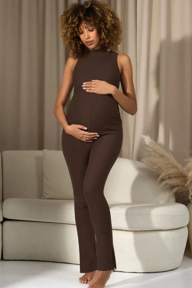Issy | Chocolate High-Neck Sleeveless Maternity Jumpsuit