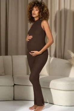 Issy | Chocolate High-Neck Sleeveless Maternity Jumpsuit