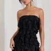 It Girl | Black Bandeau Bodycon Mini Dress With Ruffles