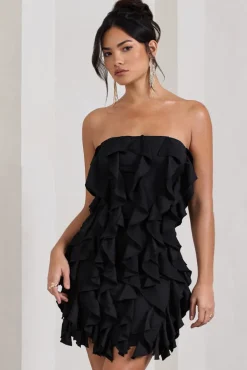 It Girl | Black Bandeau Bodycon Mini Dress With Ruffles