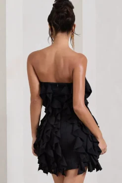 It Girl | Black Bandeau Bodycon Mini Dress With Ruffles