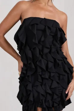 It Girl | Black Bandeau Bodycon Mini Dress With Ruffles